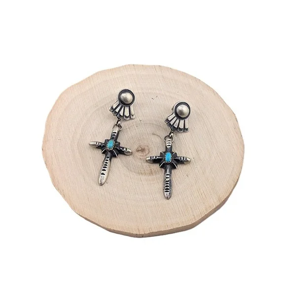 Native Am Earrings Navajo Iodize Sterling Silver Cross Turquoise Jewelry** - Picture 2 of 9